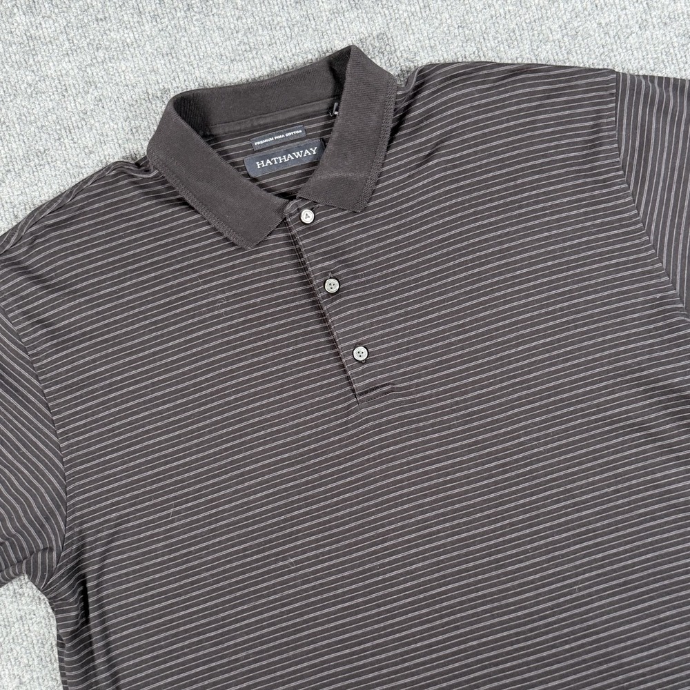 Hathaway Polo Shirt Mens Large Black Gray Striped Premium Pima Cotton Casual